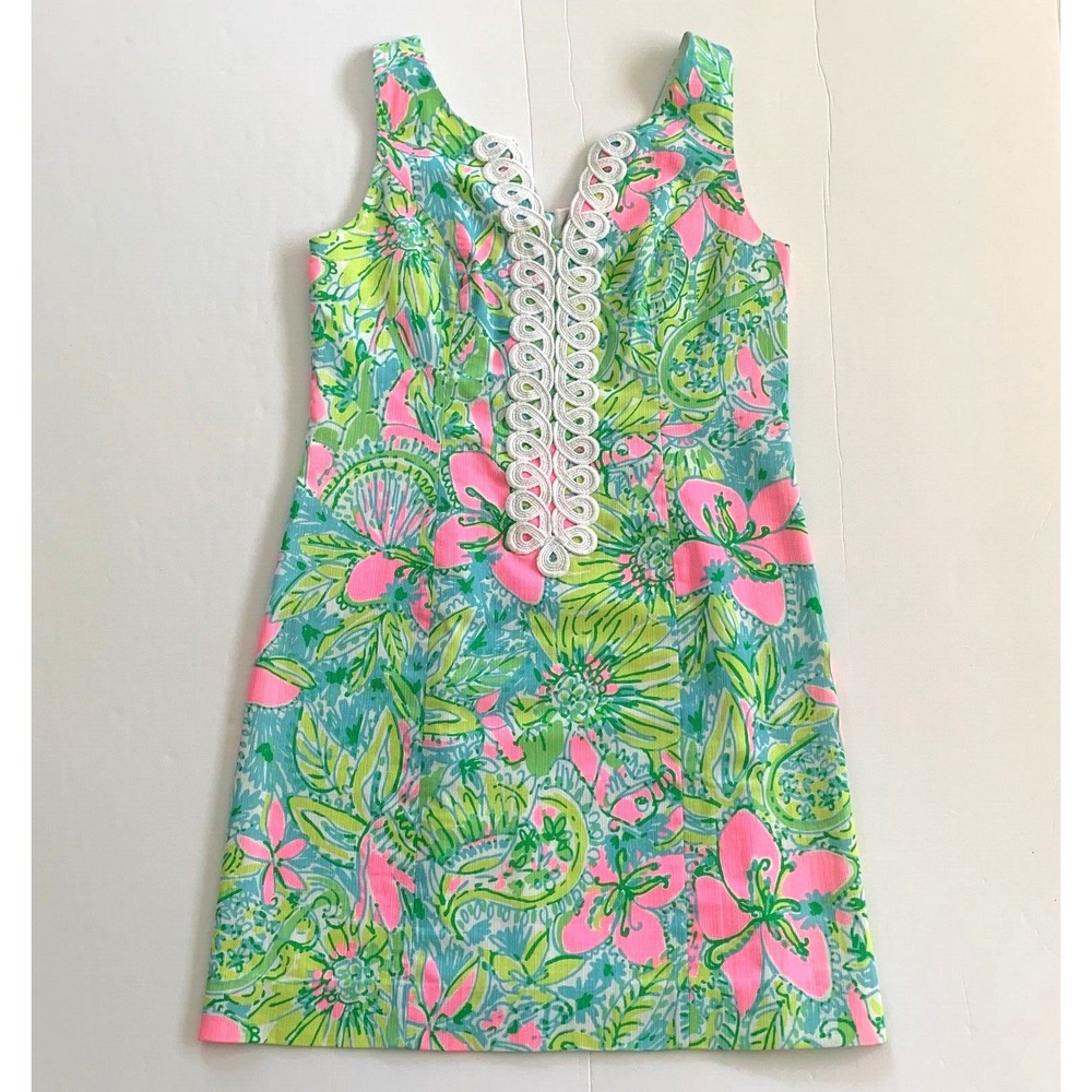 Lilly Pulitzer Cathy Shift Dress Coconut Jungle sz 0 Lace Pink‎ Green